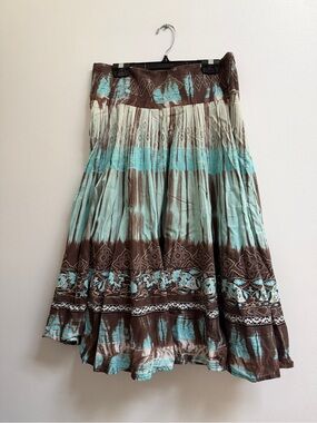Vintage Y2K Marciano Brown and Aqua Tiered Boho Midi Skirt